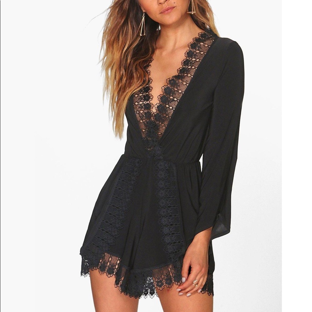 Boohoo Crochet Trim Oversized Romper-Black